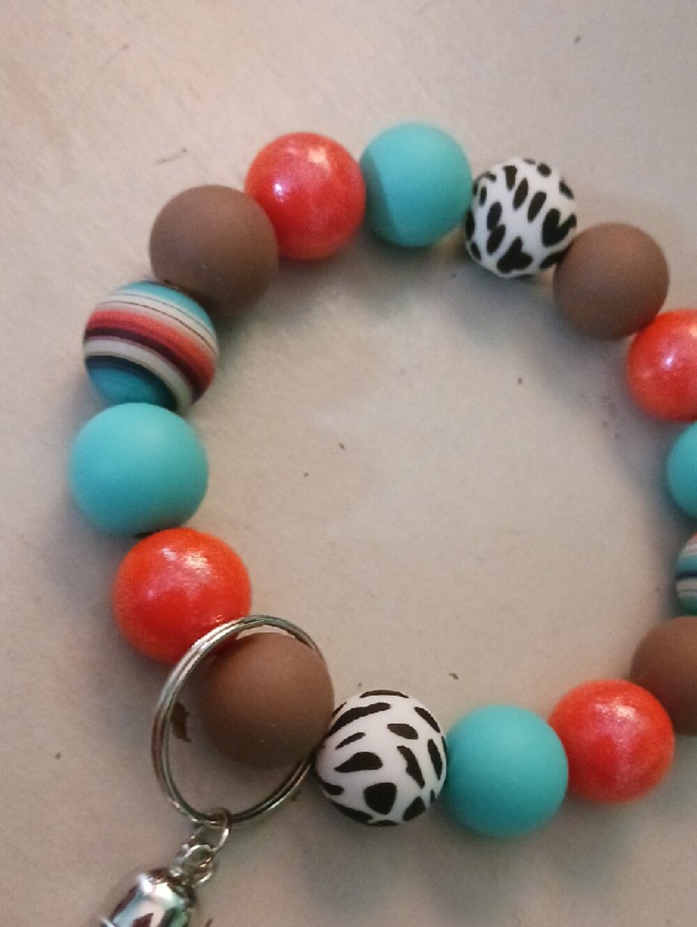 Beaded Tassel Keychain- Turquoise, Coral & Brown - Picture 2 of 4